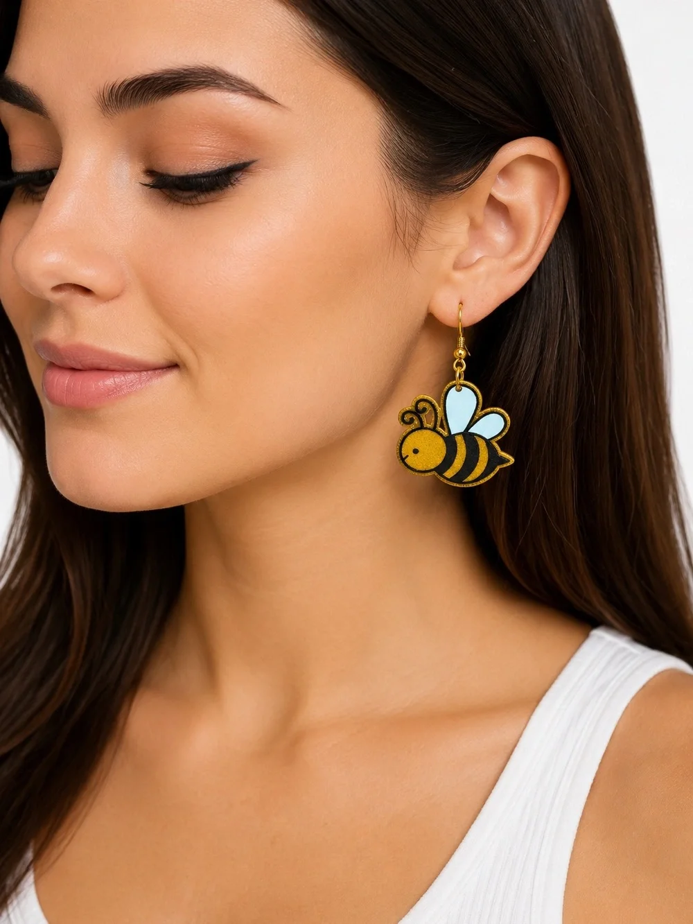 Glitter Bee Dangle Earrings Gold Tone Cute Bumble Bee Acrylic Spring Cottagecore